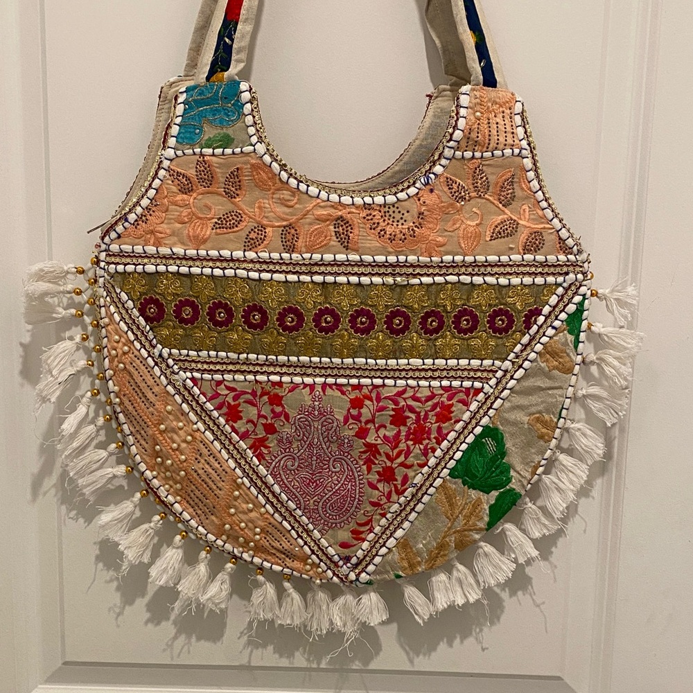 Boho Embroidered Patchwork Tote Bag in Peach and Green